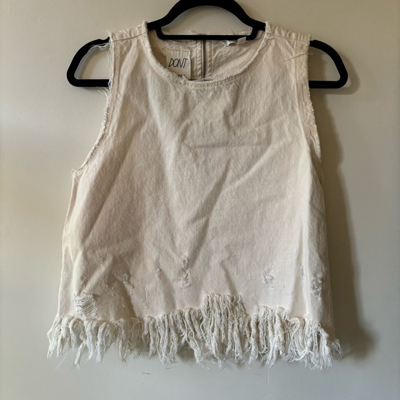 Zara Distressed Off White Ivory Tank Fringe 100% Cotton High Neck Thick Small - Picture 1 of 5